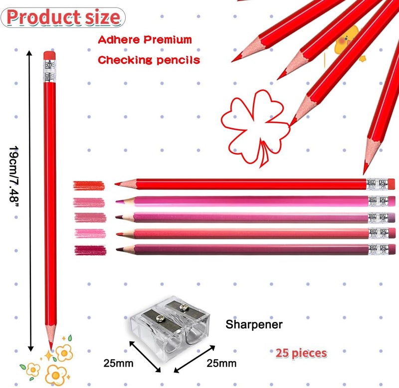 Adhere 25pcs Checking Pencils Erasable colored Pencils Pre-Sharpened #2 HB,for Checking Tests Grading,Map Coloring, editing Office Favors,including a Free sharpener. (Mixed Pink+Red) - Image 2